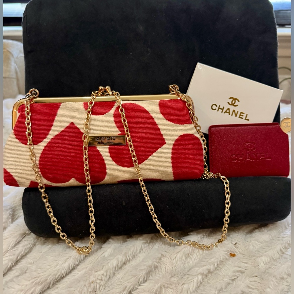 Deal Alert- Miu Miu Red and Cream Heart Clutch with Gold Chain&Chanel Red Mirror